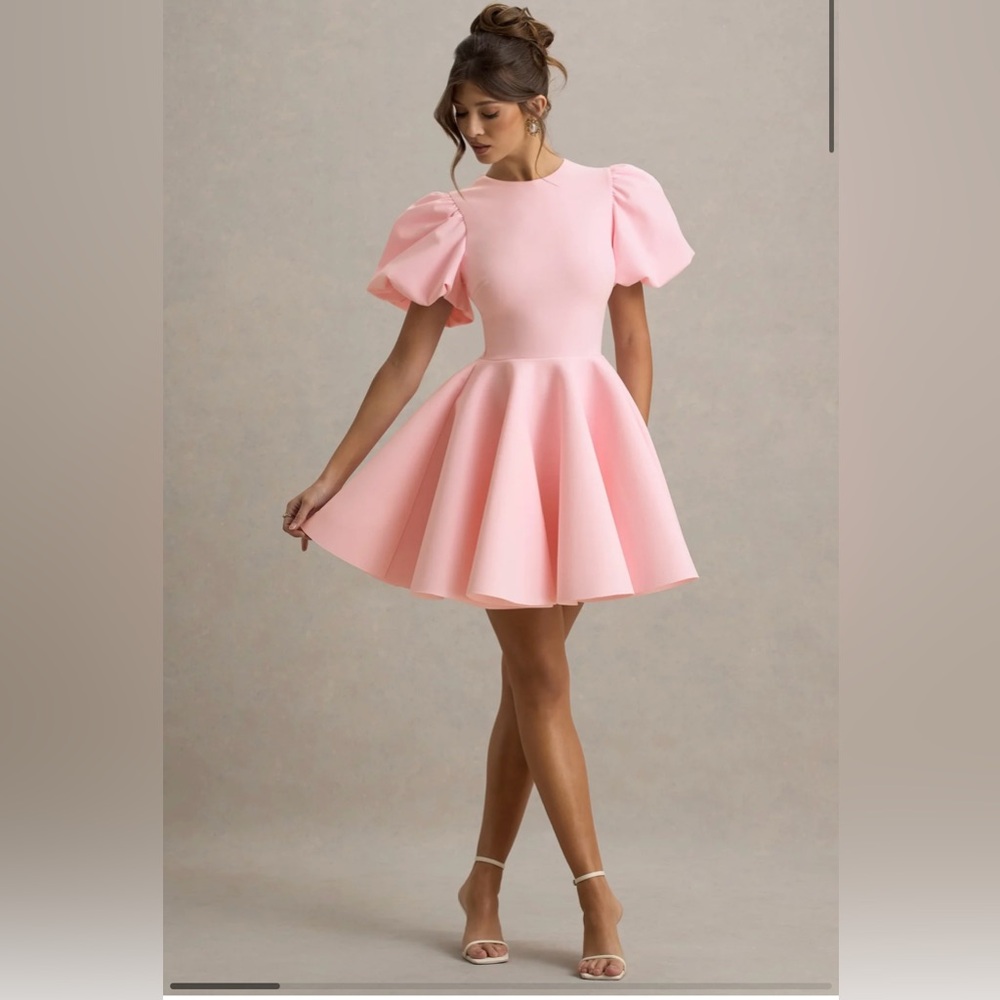 Elegant Pink Puff Sleeve Dress